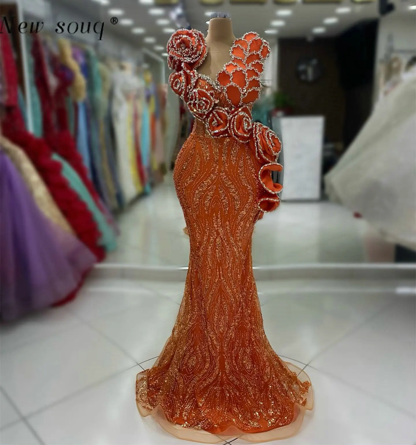 

Fashion Orange Crystals Ruffle Flowers Mermaid Evening Dresses 2024 Long Formal Women's Party Gowns Custom Made Vestidos