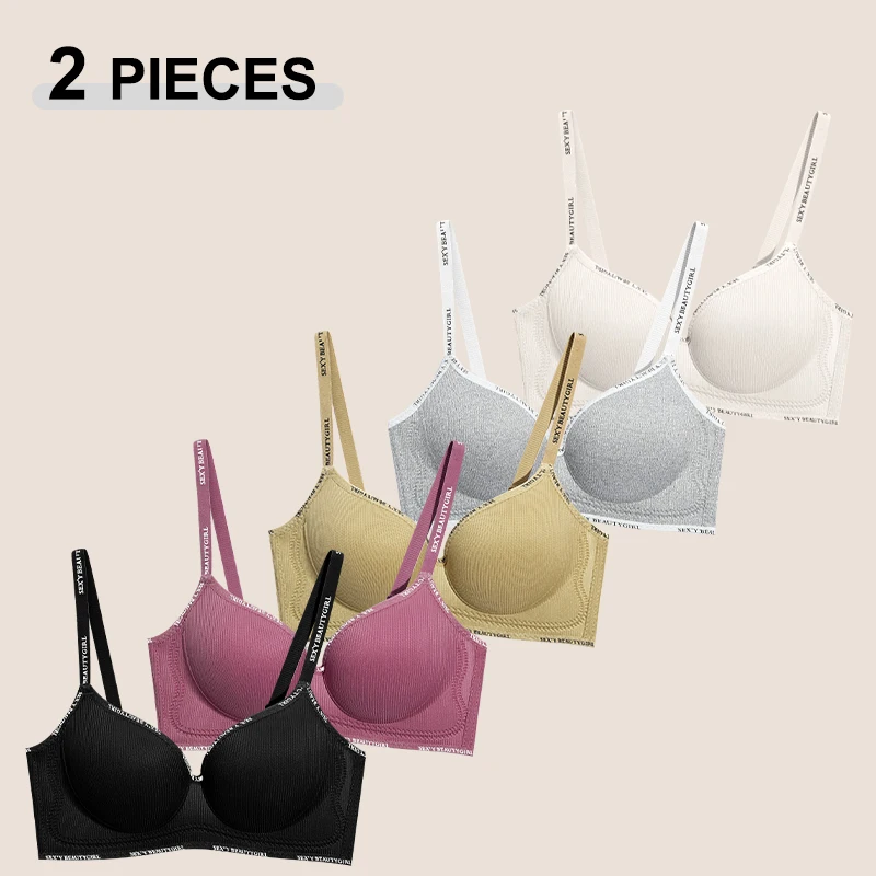 Trendy 2Pcs/Set Women's Seamless Solid Color Bras Sexy Letter Straps Wireless Push Up Underwear New 