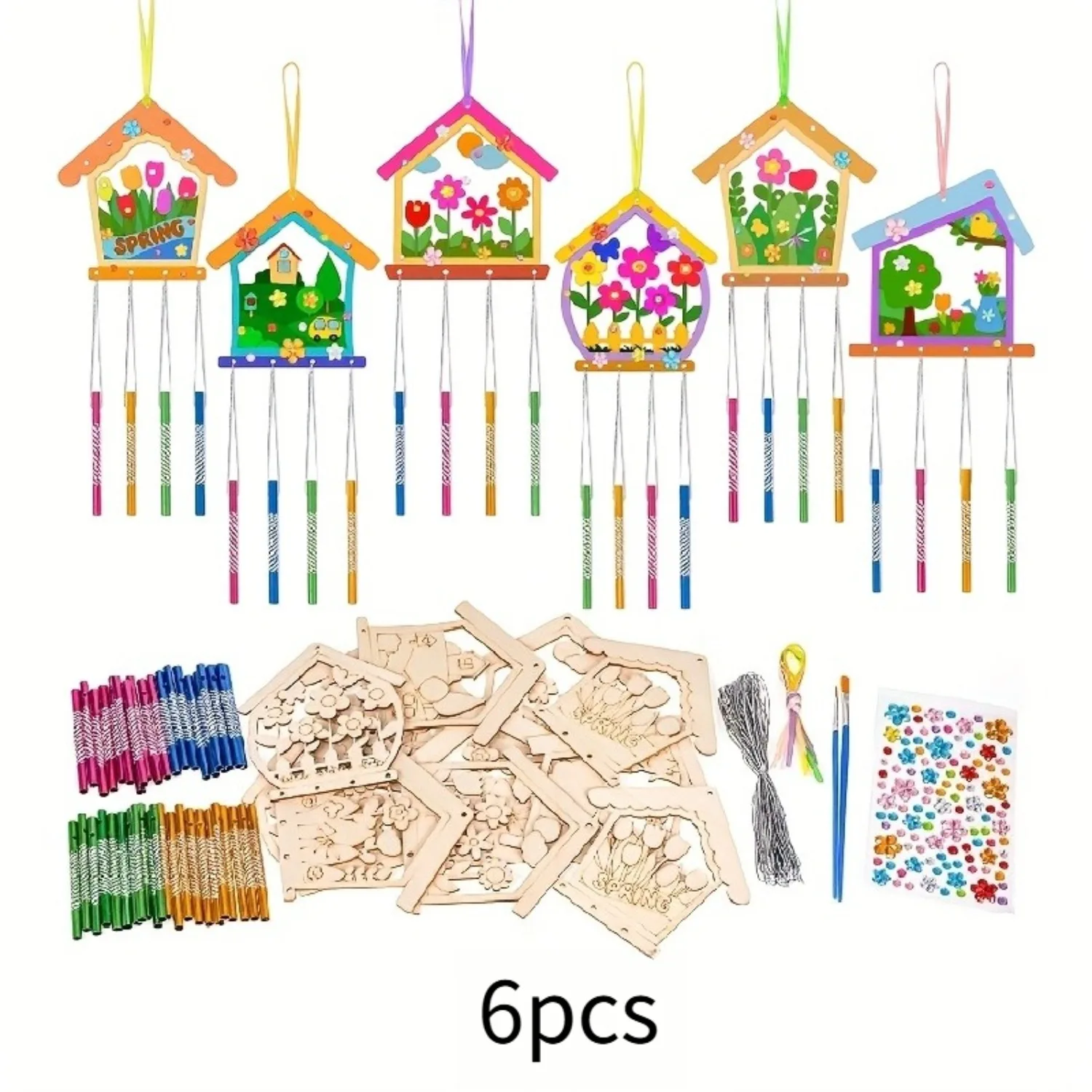 6 Sets DIY Greenhouse Wind Chime Kit Make Your Own Birdhouse Wind Chime Wooden Crafts DIY Coloring Sping Horseshoe Craft