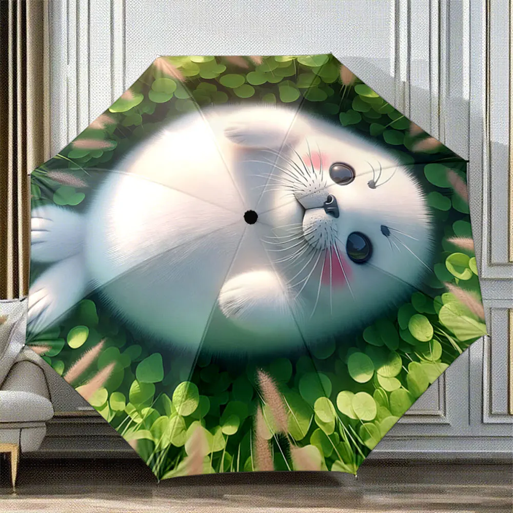 Adorable Seal Illustration with Green Nature Background Umbrella Portable Folding Umbrella, Gift for Family And Friends
