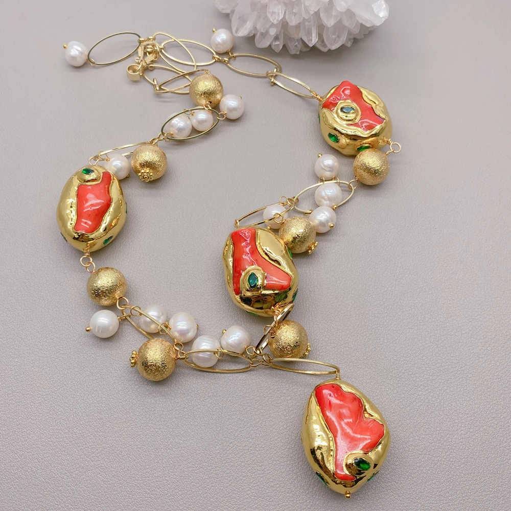 

YYGEM 27x33 мм оранжевый коралл культивированный белый жемчуг кулон ожерелья женская цепочка-колье ювелирные изделия