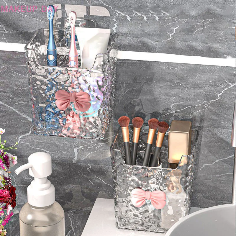 Punch-Free Toothpaste Holder Wall Mounted Makeup Brush Organizer Storage Rack Bathroom Storage Box Drain Box