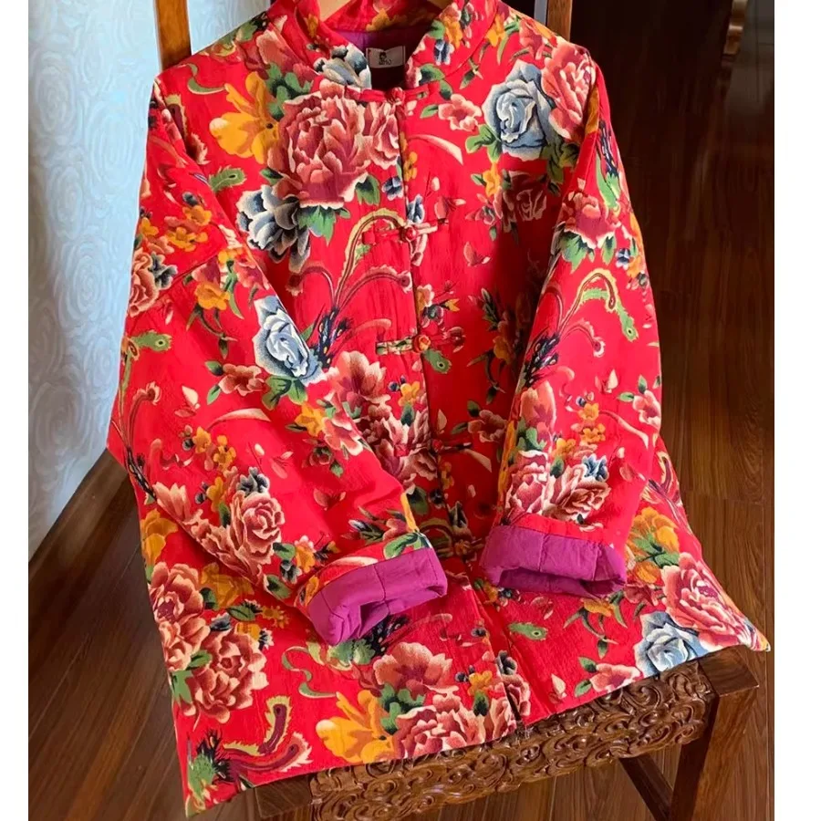 

Thickened Warm Cotton Jacket Northeast Big Flower Patchwork Retro Loose Winter Ethnic Style Button up Mandarin Collar Tang Suit