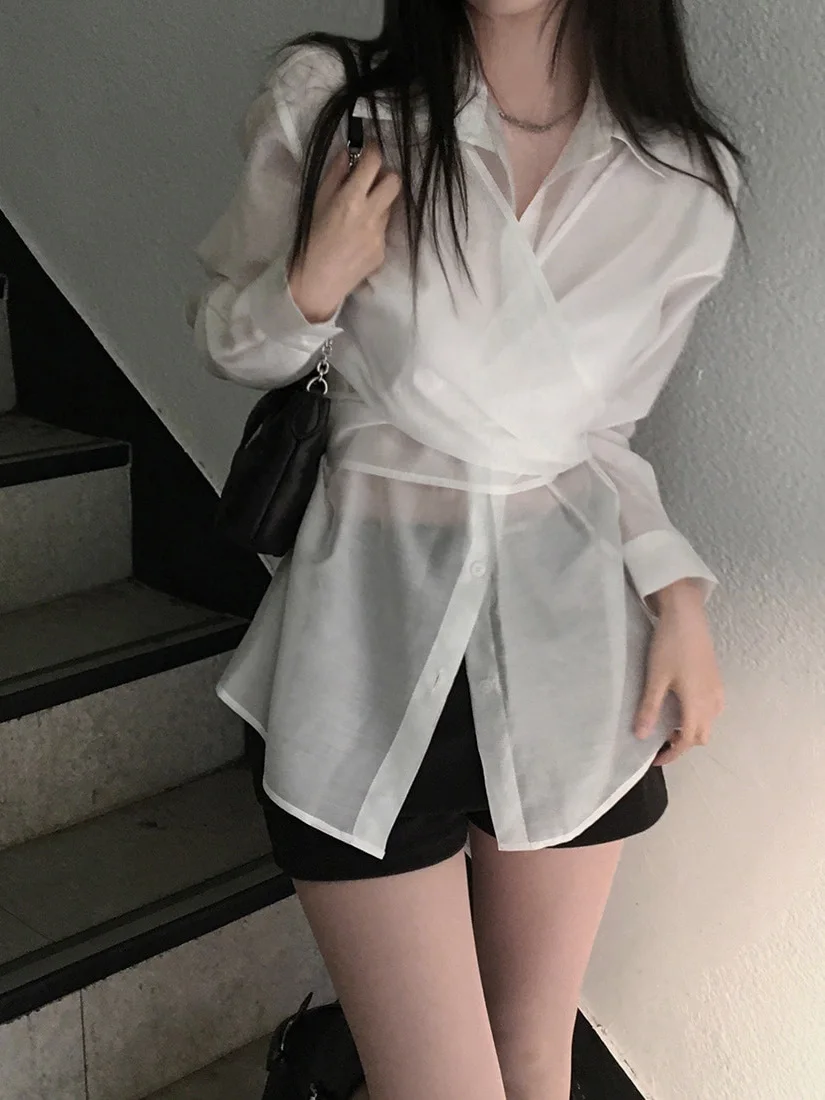 

Chic Collar Loose Fit Slimming Design Thin Chiffon Shirt Women's Cross-Band Shirt Stylish Business Casual Long Sleeve Top