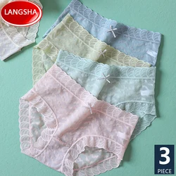 Seamless Panties Women Solid Underwear Sexy Lace Panty Bow Breathable Cotton Crotch Briefs Female Transparent Lingerie 3Pcs/Set