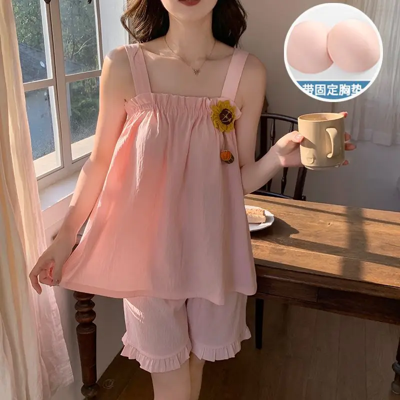 

Women Princess Style Pajamas Korean Tank Shorts Sets 2 Pieces Sweet Cute Pj Set Sleeping Kawaii Home Clothes Loungewear Suit
