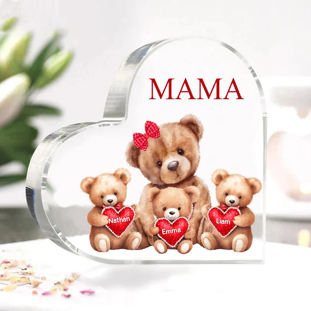 Customized Heart Shaped Acrylic Plaque Personalized Name Cute Bear for Mother Father Gift Home Decorations