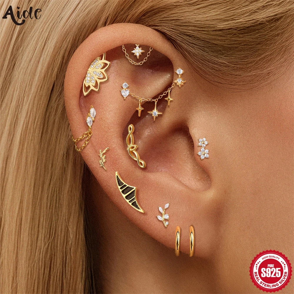 Aide S925 Sterling Silver Zircon Leaf & Lotus Cartilage Studs Delicate Floral Piercing Earrings for Women Elegant Jewelry