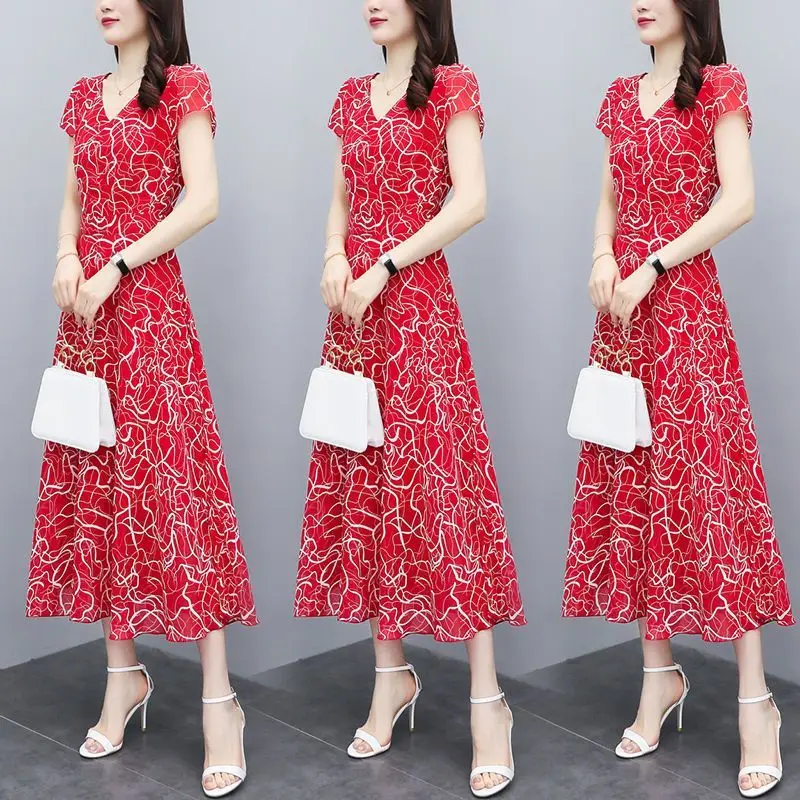 2023 Summer New Commuter Women's Short Sleeve V-Neck Fashion Trend Casual Simple Printing Elegant Versatile Mid length Dress