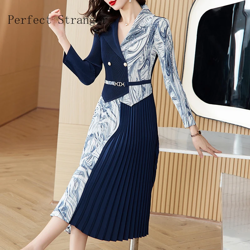 

Sanzhai Pleated Print Vestidos 2024 Autumn Winter New Women Elastic Large Waist Slim Suit Collar Dress Over-Knee Length Skirt