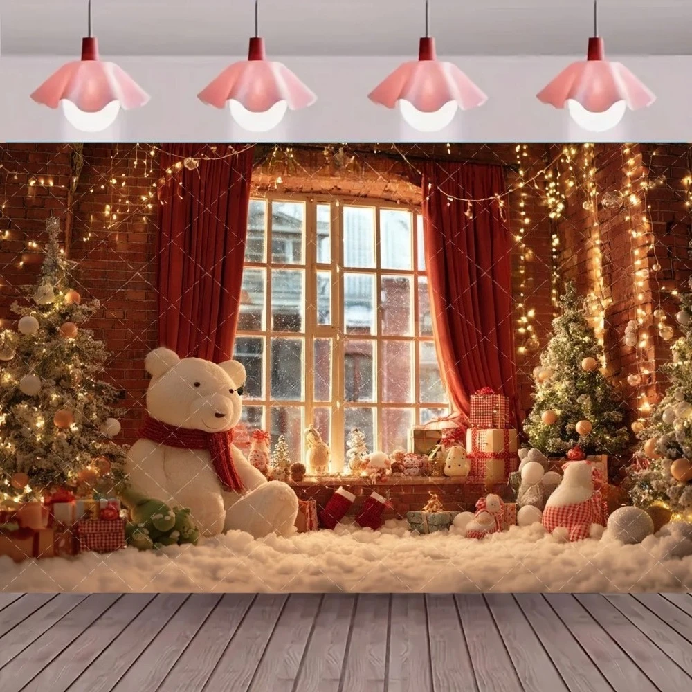 

Christmas tree, red curtains, toy bear themed banner background, romantic style gift winter Christmas birthday photography props
