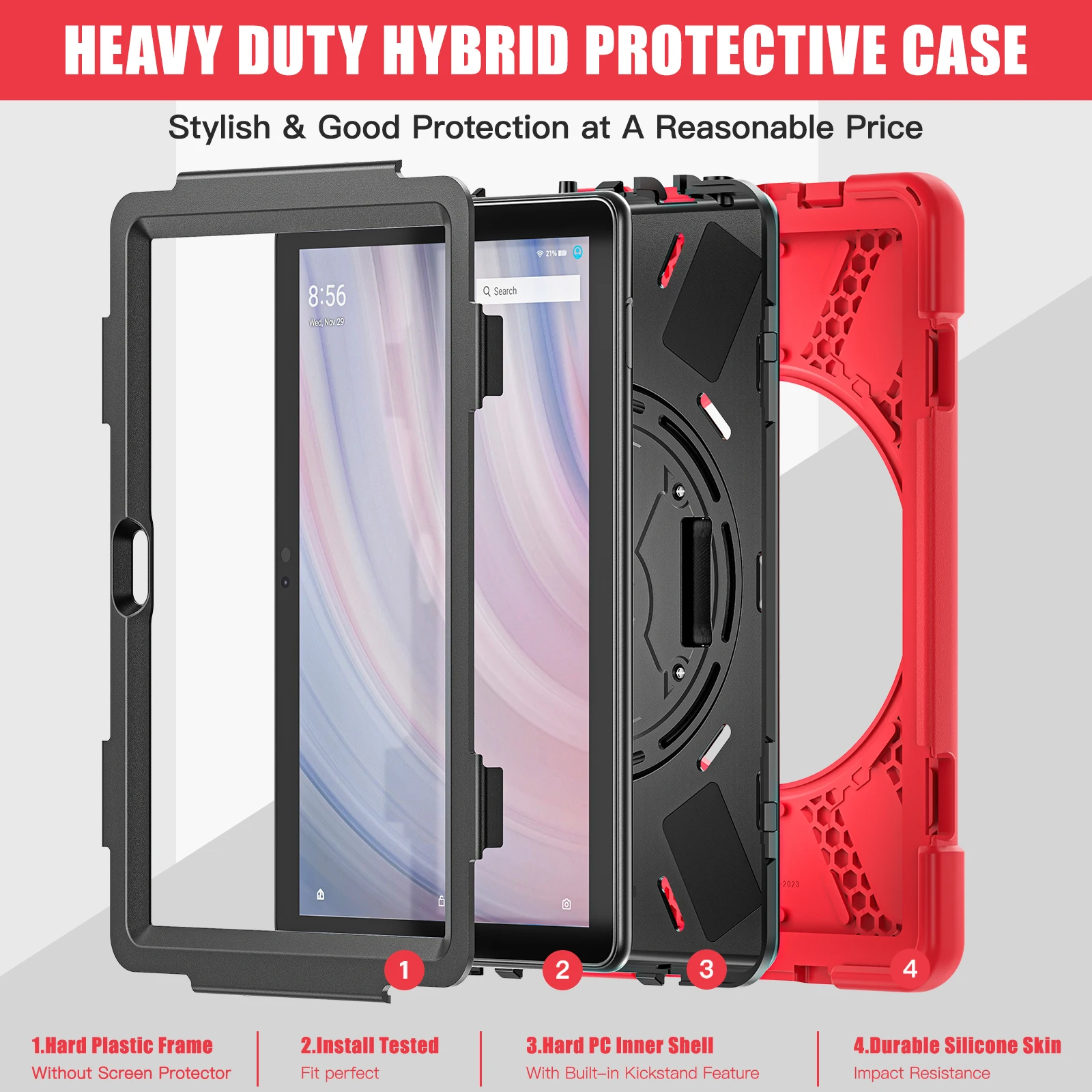 Rugged Case For Amazon Fire HD 10 Plus 2021 11th Generation 10.1 inch 360 Rotating Stand Armor Cover With Hand & Shoulder Strap