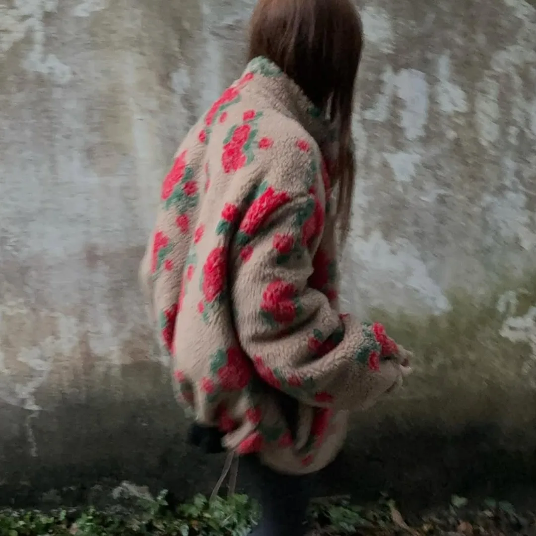 レディースシック韓国風冬コート暖かい綿裏地ルーズフィットシープスキンファー柄トップアウターウェア通勤ファッション