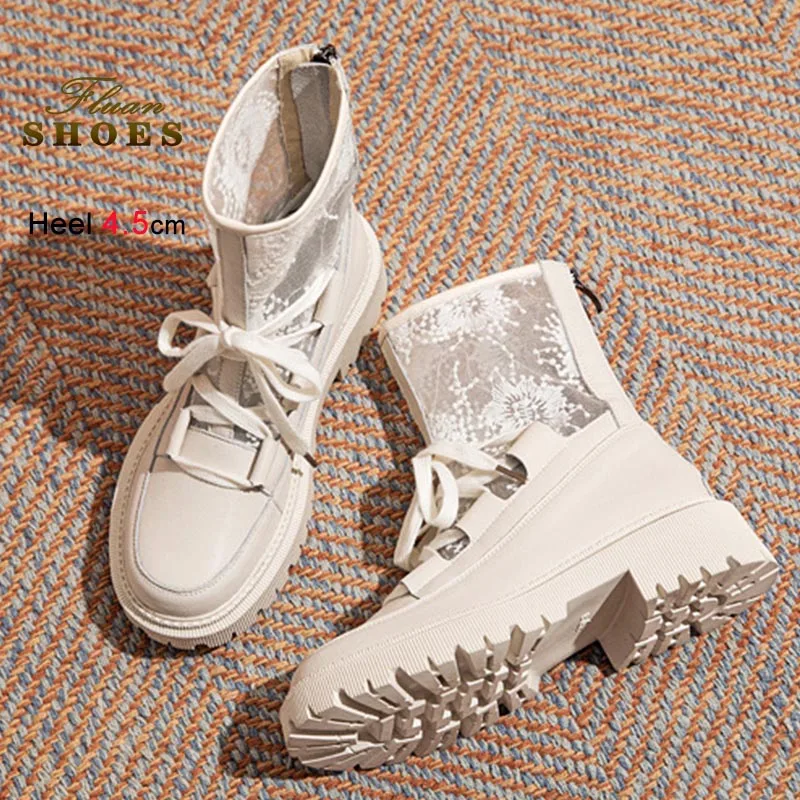 جديد جلد طبيعي شبكة النساء أحذية بوت قصيرة موضة تنفس صافي الأحذية الدانتيل يصل سميكة سوليد حذاء من الجلد الخلفي سستة الخريف الأحذية