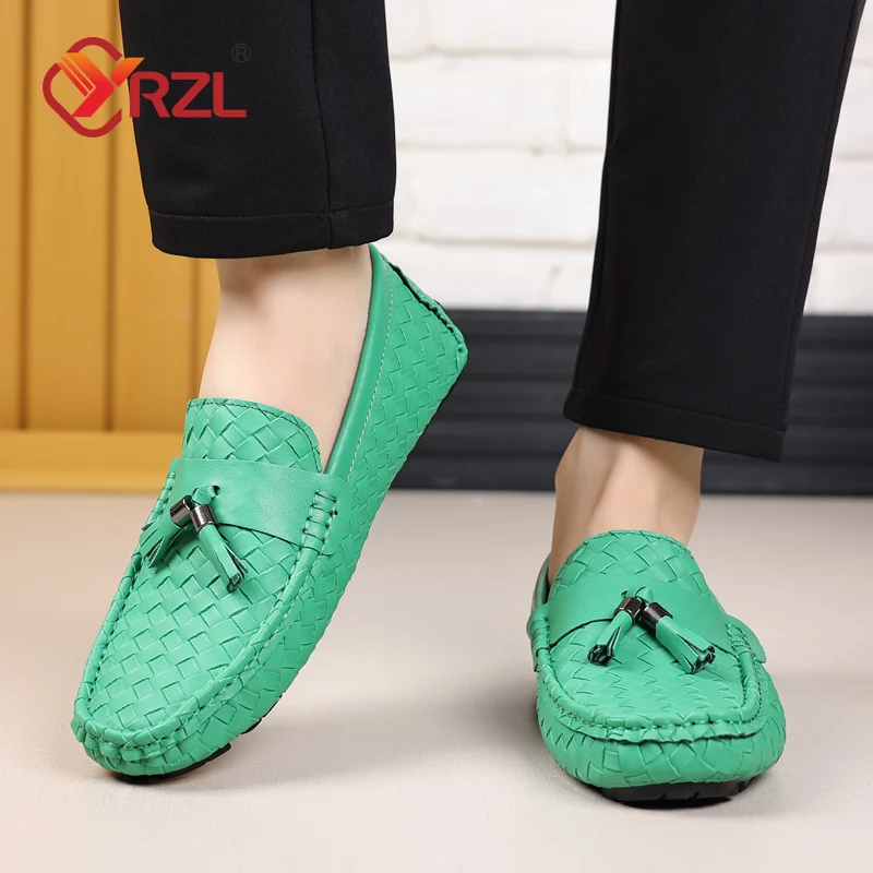 YRZL Green Loafers Men Handmade Leather Loafers Shoes Slip on Casual Driving Flats Comfortable Moccasins Big Size 48 Men Shoes