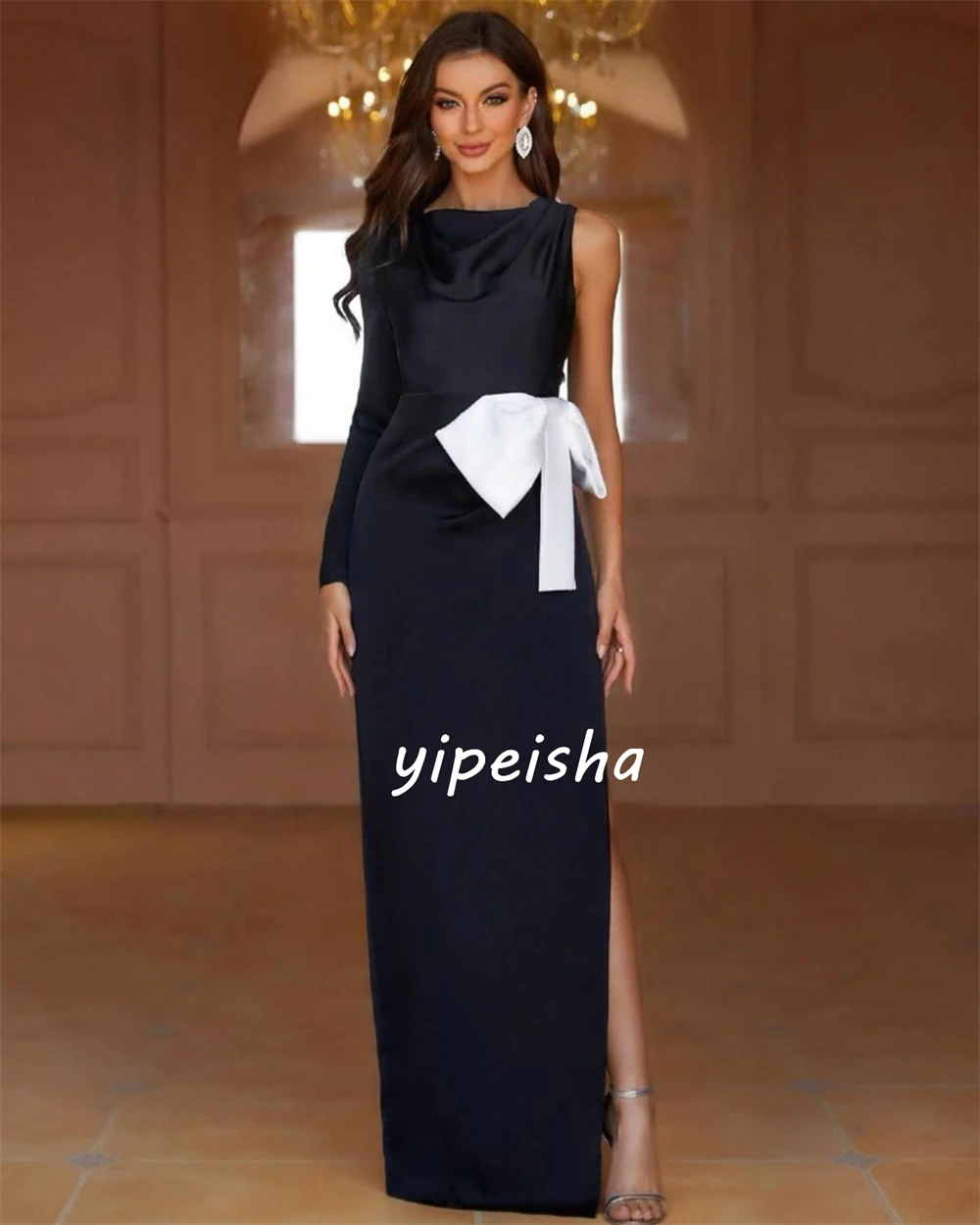 Jersey Bow Draped Christmas Straight Scoop Neck Bespoke Occasion Gown Long Dresses