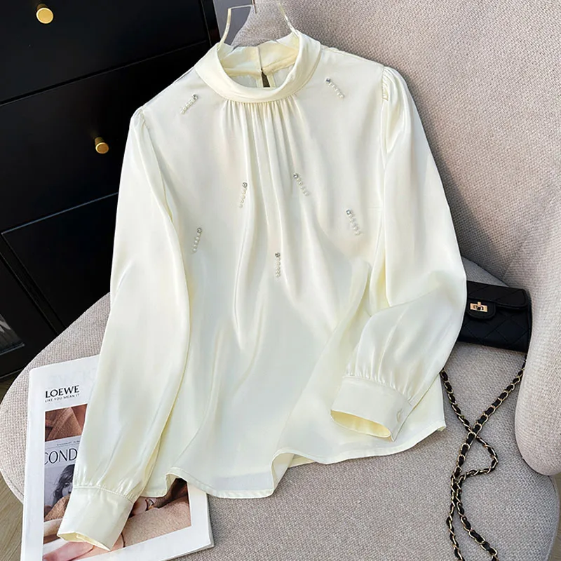 

Women Blouse Shirt New Long Sleeve Stand Collar Elegant Beading Blouse Shirt Women Tops Blouses Shirts Blusas Camisas 2025 Q513