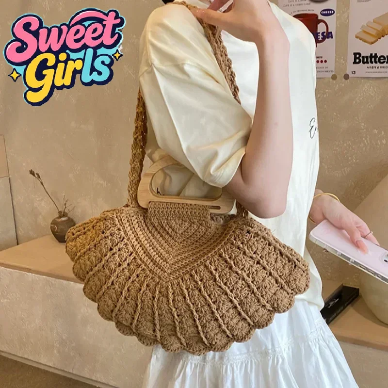 

Summer Woven Bag Women Handbag Wooden Top Handle Clip Retro Shoulder Messenger Bag Small Bohemian Ladies Hand Bag