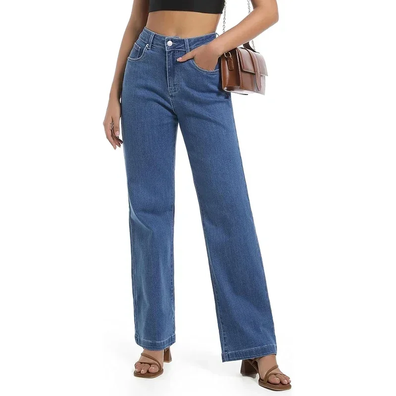 2025 Nuove donne Solid Basic Jeans a gamba dritta Ragazze Retro Casual Pantaloni in denim a vita alta Lady Classic Designer Pantaloni larghi