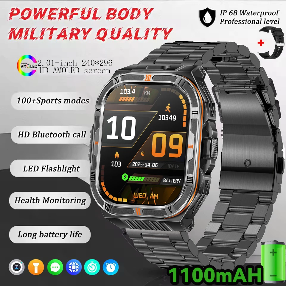 

New Military Smart Watch for Men with Built-in Flashlight Compass Waterproof Design 1100mAh Battery Outdoor Sports Tracker watch