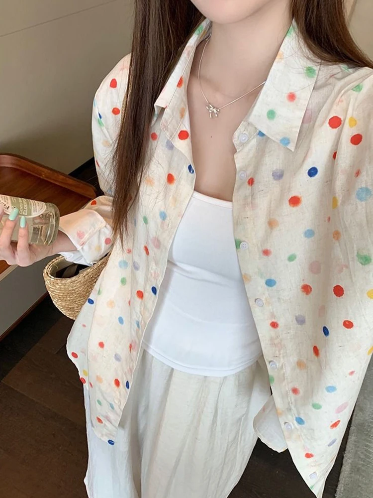 Jmprs Rainbow Dot Sweet Shirt Women Korean Loose Long Sleeve Fashion Blouse Fall Elegant Casual All Match Female Chic Tops New