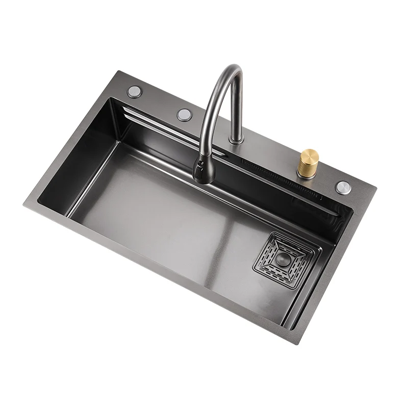 Waterfall large single groove under the counter thickened 304 stainless steel household kitchen sink nano hand washing basin sin