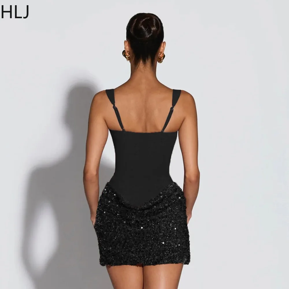 HLJ 봄 섹시 스팽글 패치워크 바디콘 드레스 여성 스파게티 스트랩 민소매 백리스 드레스 여성 파티 클럽웨어 베스티도스