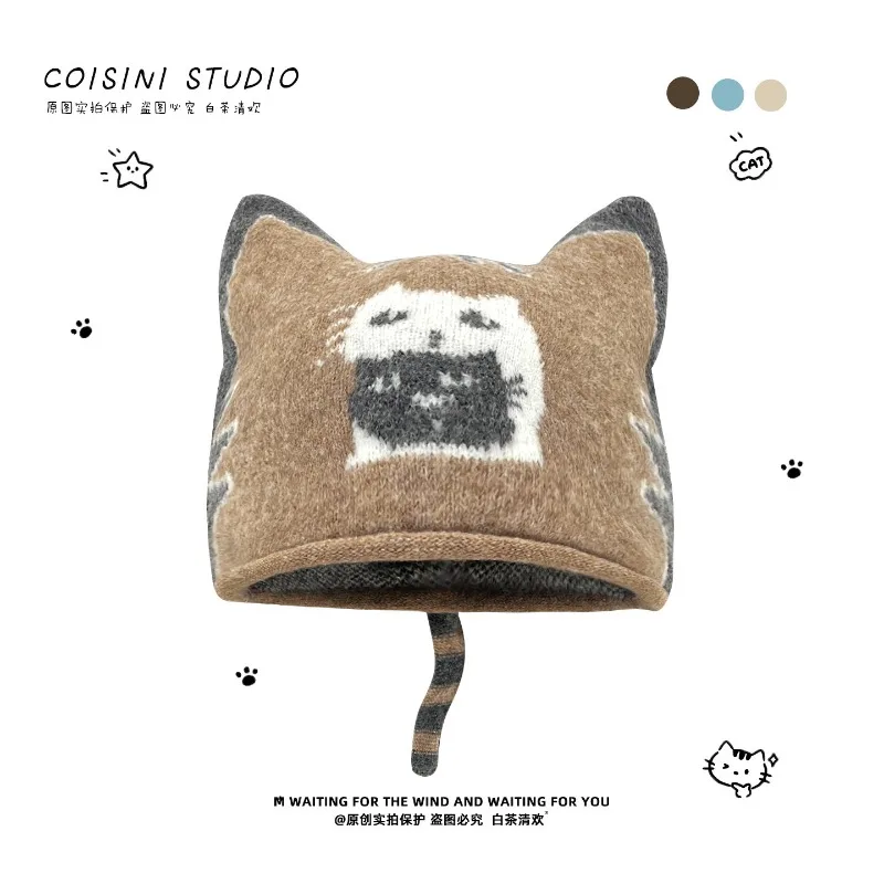 Niedliche Katzen-Jacquard-Strickmütze für Herbst und Winter, Modische und Warme Ohrenschutz-Katzenohr-Beanie-Mütze für Frauen – Detail 4