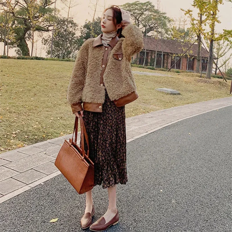 Manteau d'hiver en laine d'agneau pour femme, veste ample épaissie en fourrure avec coutures courtes