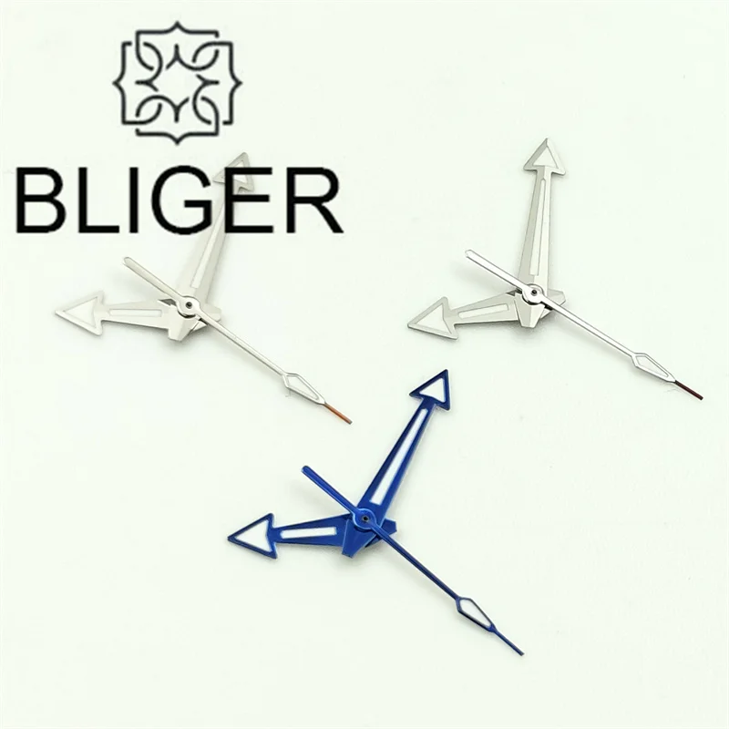 BLIGER Silver Blue Watch Hands Arrow Pointer With Green Luminous Fit NH34 NH35 8215 8200 Movement Diving Watch Replace Watchpart