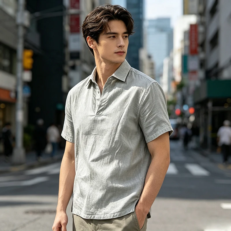 2026 Summer New Style Synthetic Hemp Polo Shirt Jacket Long-Sleeved Shirt for Big Size Hooded Casual Shirt for Students and Teen