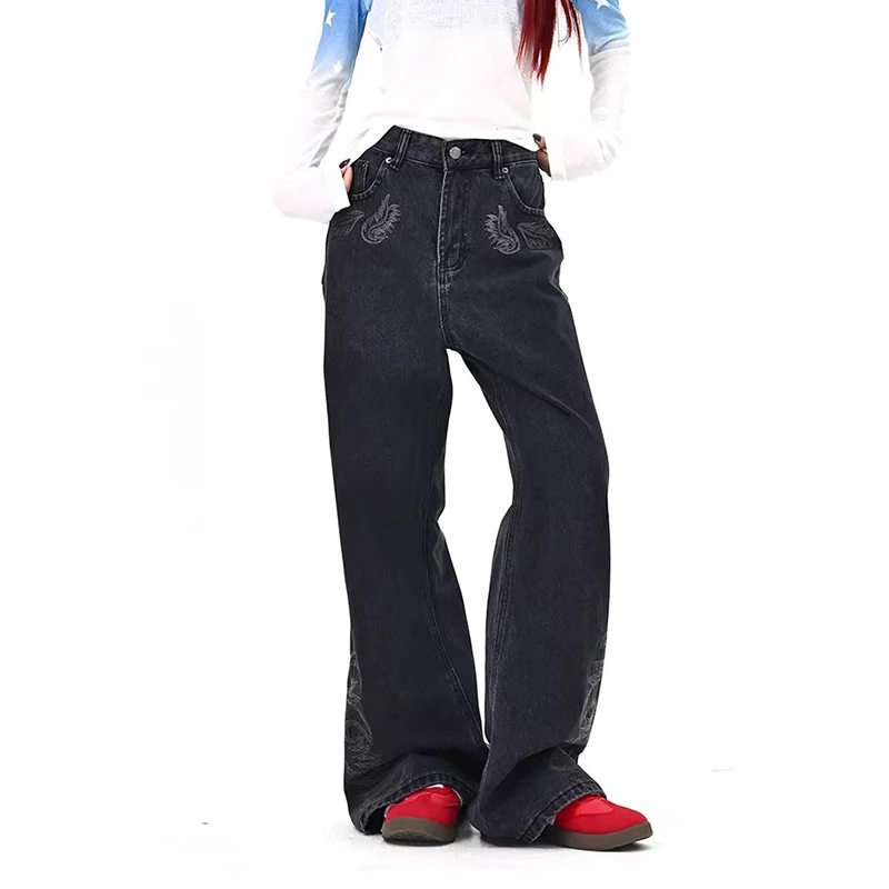 

2026 Ropa Y2K Fashion Embroidery Design Black Baggy Women's Jeans Pants For Woman Clothing Wide Leg Casual Cotton Long Trousers