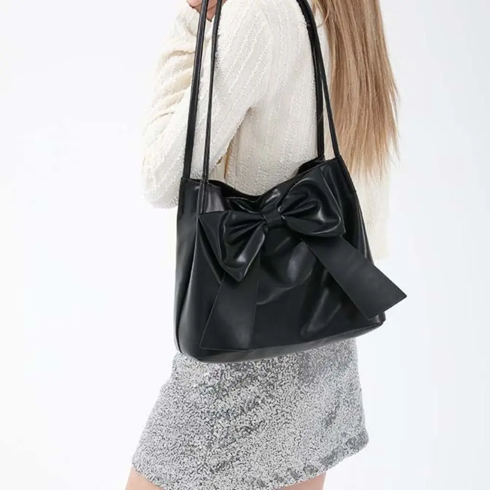 

Simple Solid Color PU Bow Shoulder Bag Korean Style Portable INS Tote Bag Bucket Bag Luxury Fashion Underarm Bag Gift