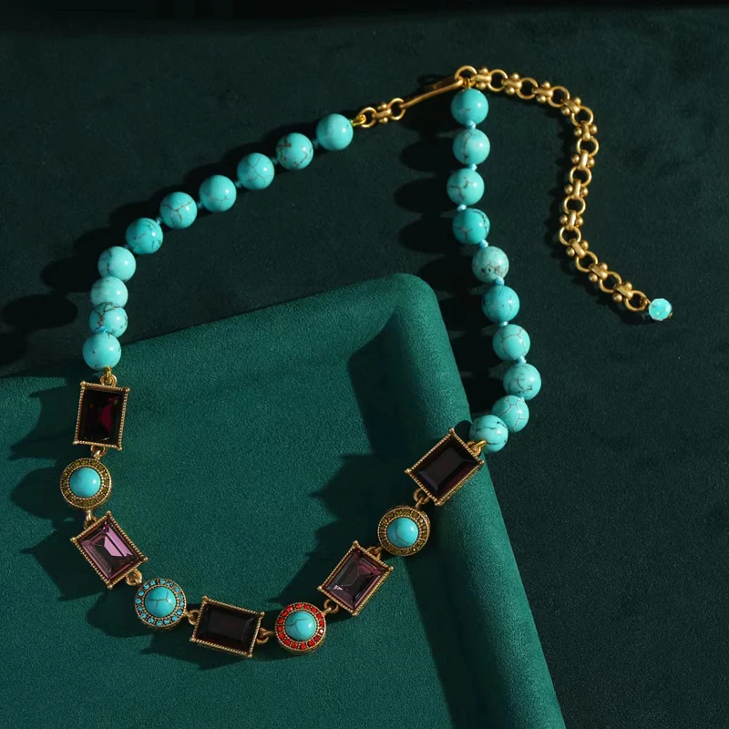 

Vintage Beaded Turquoise Necklace Bohemian Jewelry Woman Square Purple Glass Stone Chain Gold Color Accessories Luxury Designer
