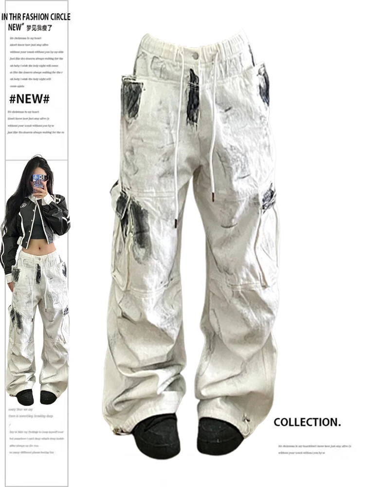 

Aesthetics Tie Dye Grunge All Match High Waist Women Jean Cargo Pants Chic Fashion Harajuku Drawstring Wide Leg Trousers