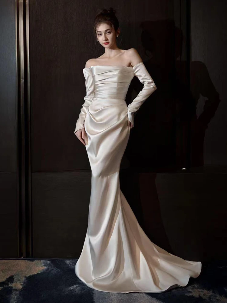 

Elegant Simple White Satin Wedding Dress with Long Sleeves One Shoulder out Door Tain Fish Tail Customizable Formal Ceremony ...
