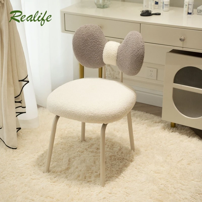 

Modern Minimalist Fabric Lamb Wool Cream Style Dressing Stool For Girls Bedroom Home Use Backrest Makeup Chair Creative Chair