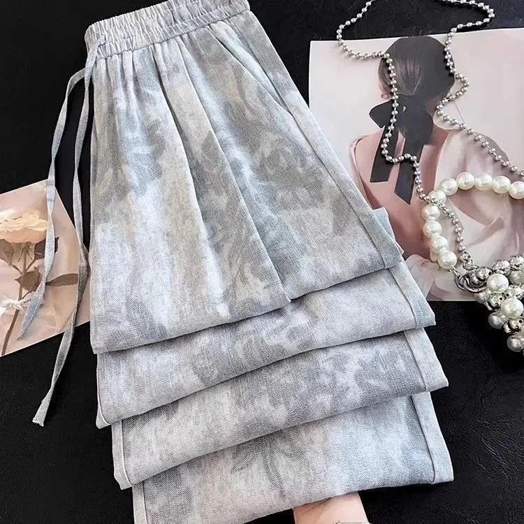Ice Silk Plant Floral Vintage Lazy Pants Summer New Style Smokey Dyeing Slimming Casual Thin Sun Protection Drape Wide Leg Pants