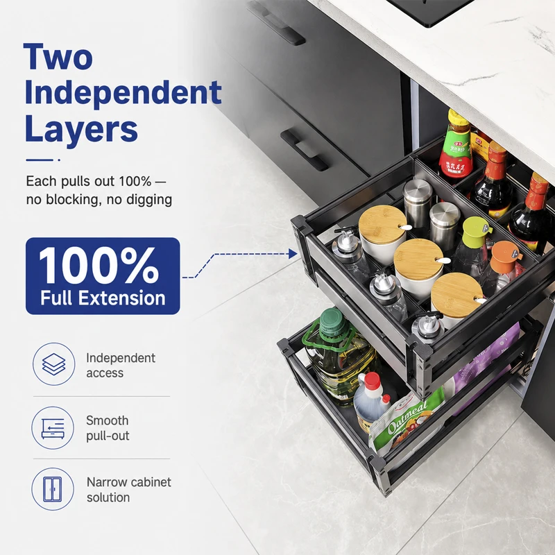 Kitchen Pull Out Basket Aluminum Alloy Spice Rack Organizer Double Layer Drawer Storage For 300-450mm Cabinet