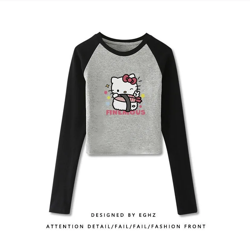 Sanrios Anime Kawaii Hellokittys Trendy Sweet Spicy Girl Slim Fit Raglan Long Sleeved T-shirt with Contrast Printed Bottom