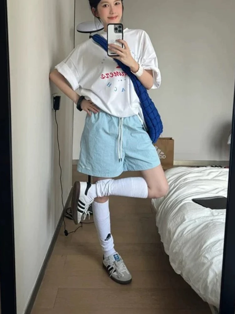 HOUZHOU Harajuku Blue Shorts for Women Korean Style Baggy Sport Short Pants Casual Fashion High Waist Retro Wide Leg Shorts