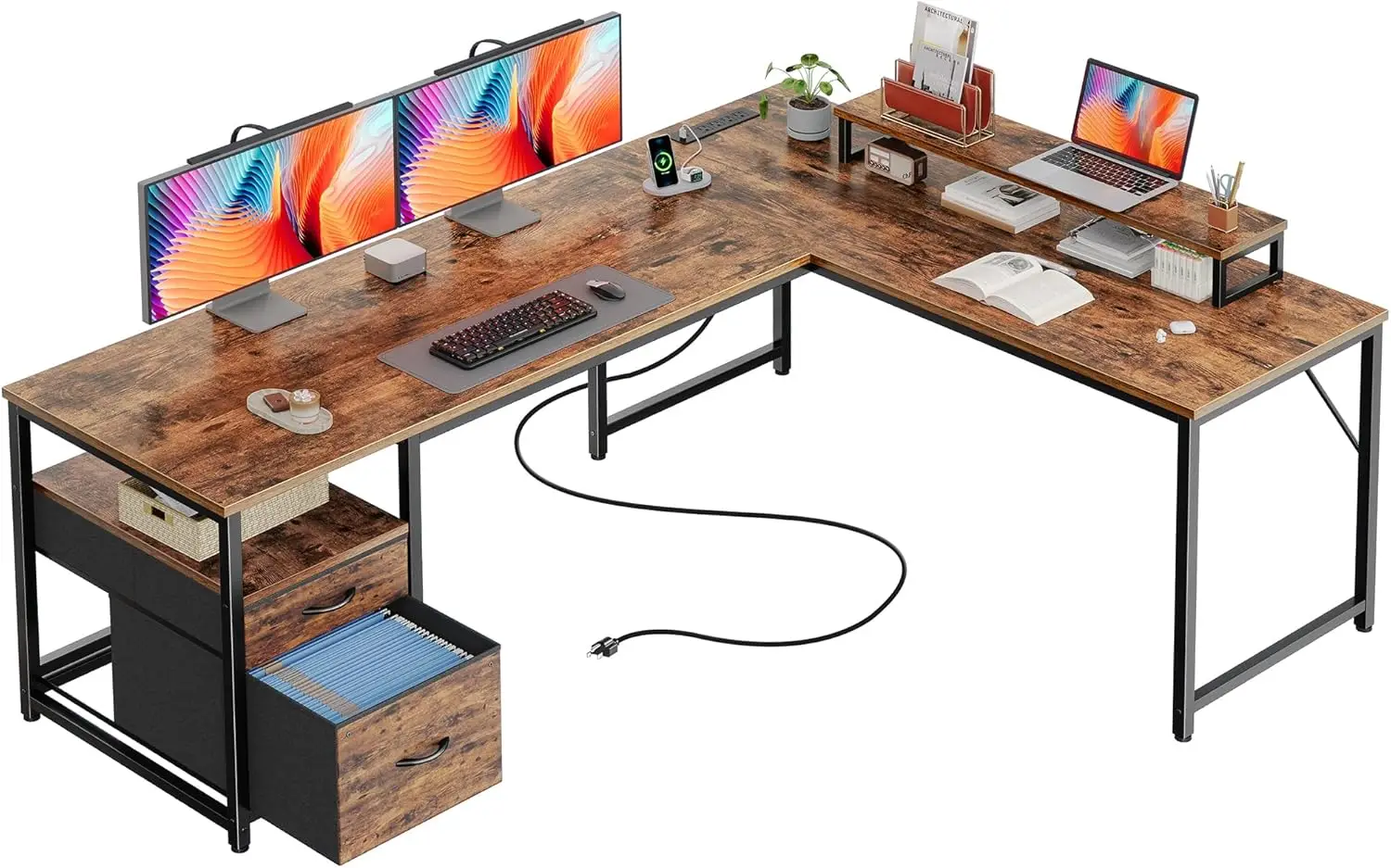 

63' L-Shaped Desk with USB-C, Power Outlets, Monitor Stand & Drawers, Rustic Brown