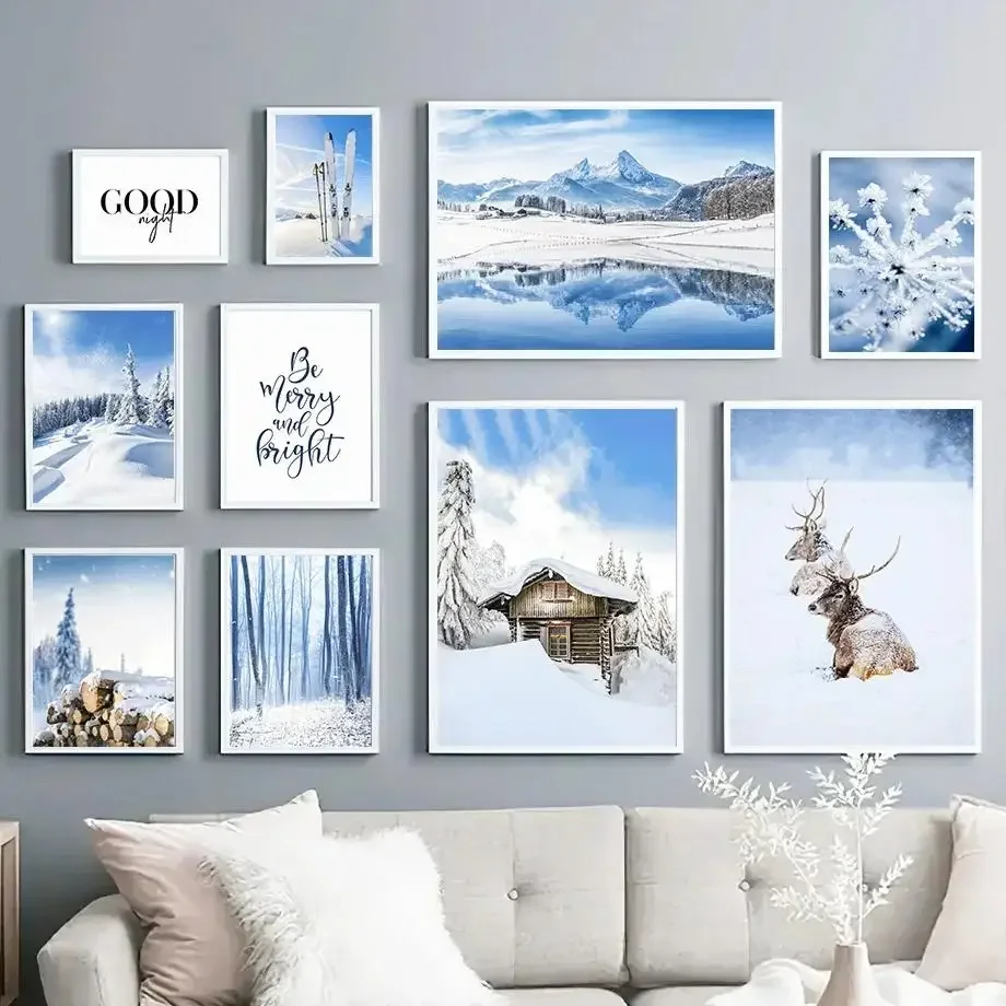 Nordic Winter Forest  Deer Canvas Wall Art  Snowy Cabin  Floral Prints for Living Room Decor