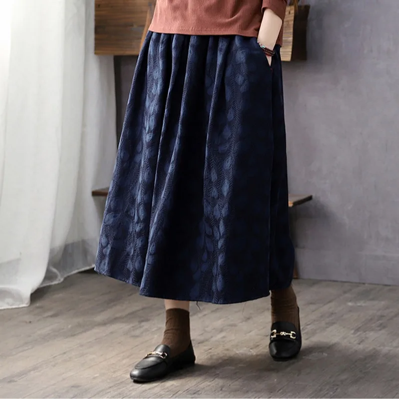 레트로 플로럴 코튼 린넨 A라인 스커트 여성 플러스 사이즈 하이웨이스트 슬림 미디 스커트 다용도 출퇴근용 순색