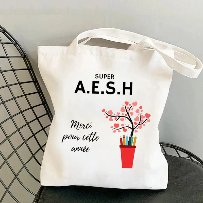 Merci Aesh French Printed Canvas Shopping Tote Bag New Women Shoudler Bag Organizer Travel Handbag Graduate Thanks Gift for Aesh