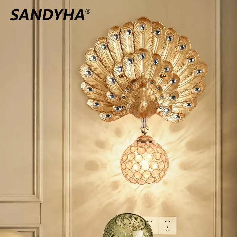 sandyha lampada de parede criativa pavao resina europeia iluminacao de cristal decorativo jantar viver fundo quarto luz de suporte 01