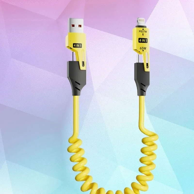 

65w fast charging spring four-in-one data cable is suitable for Huawei Apple two-drag two-type-c mobile phone charging cable