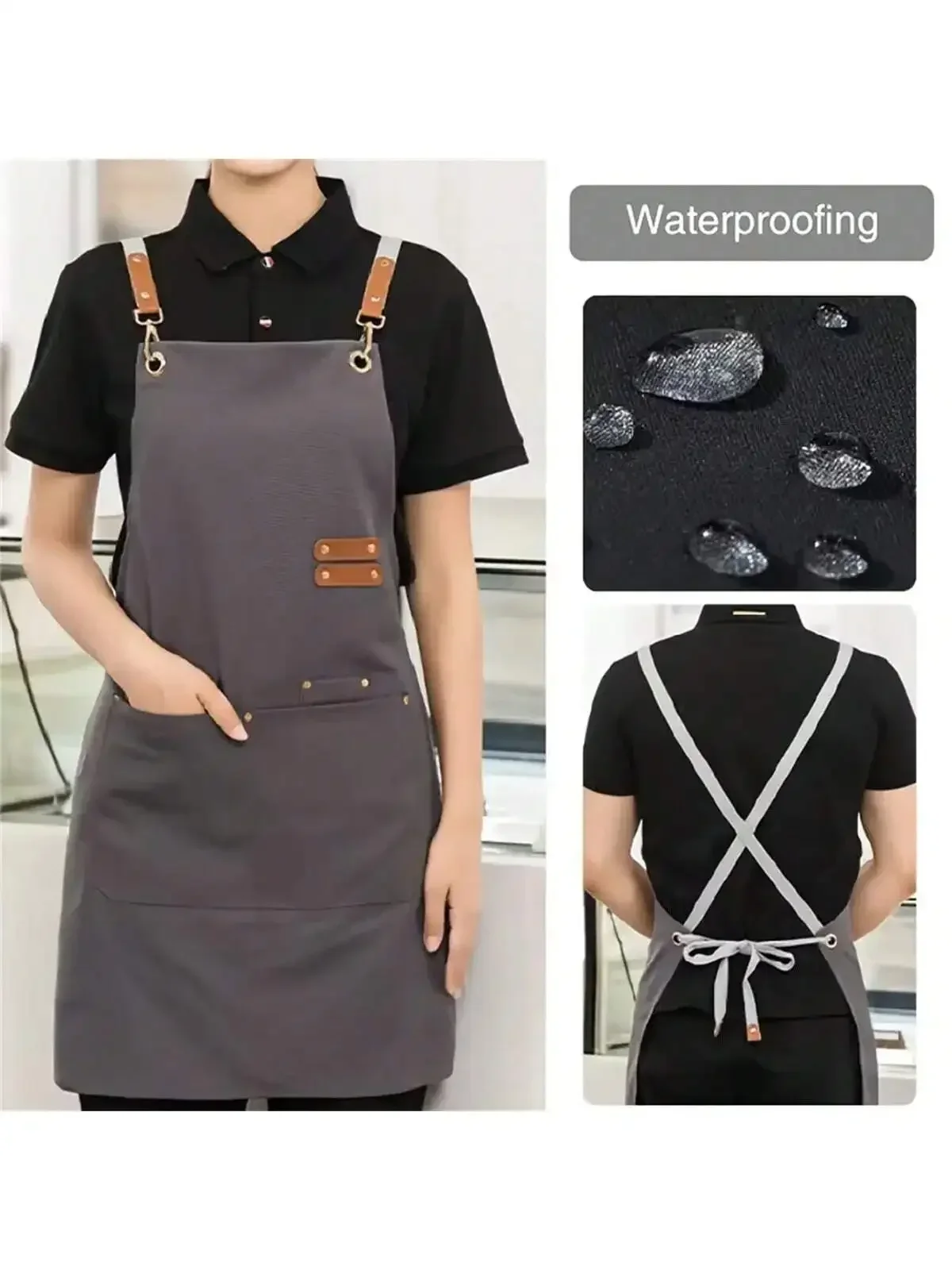 Waterproof Chef Apron,Cross Back Apron for Men Women with Adjustable Straps and Large Pockets,Canvas