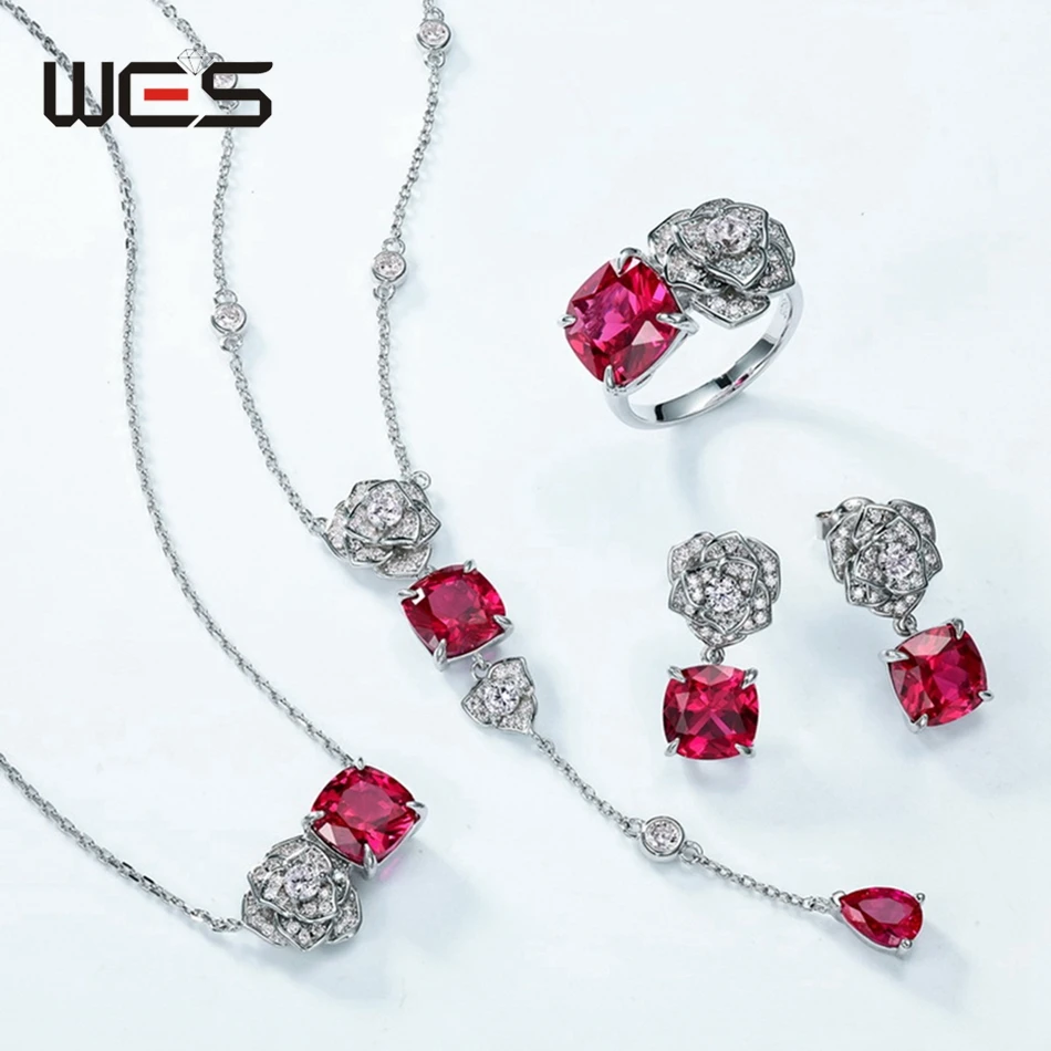 

WES 925 Sterling Silver Red Ruby Jewelry Set For Women 8*8mm Certified Valentine Party Gifts Anniversary Band Wholesale