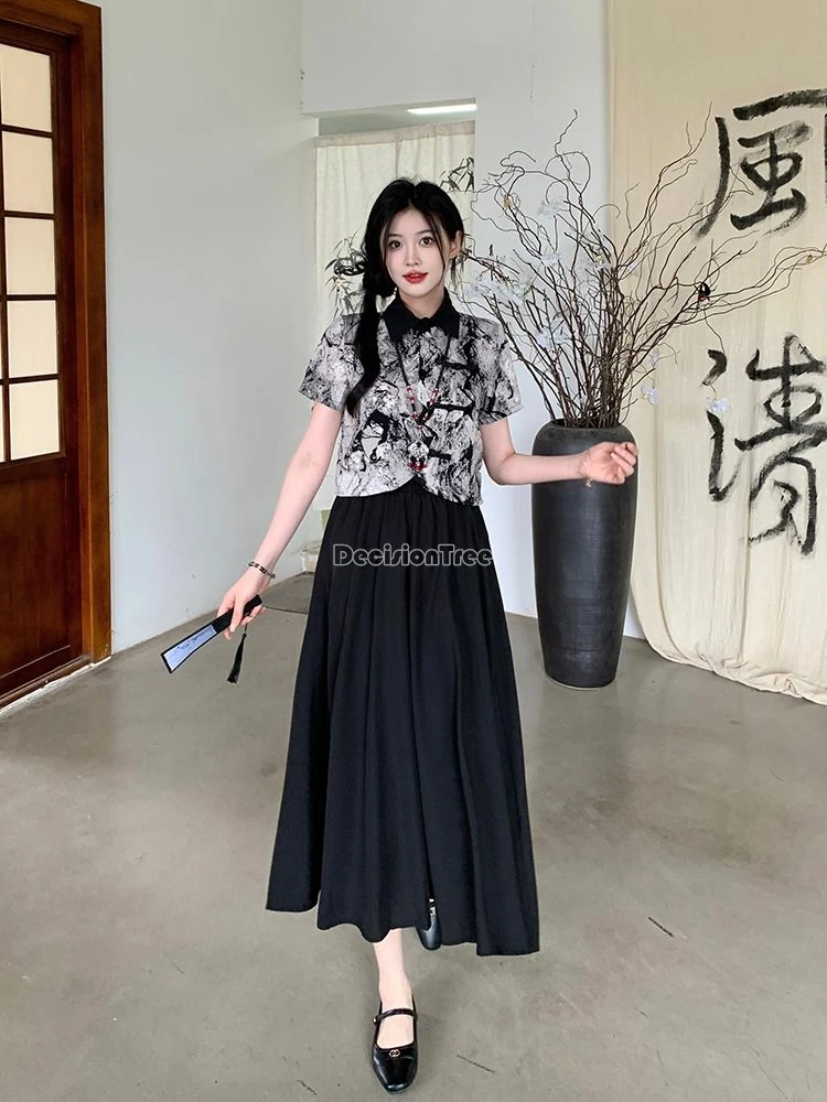 2024 daily improved chinese traditional clothing set vintage ink tie-dye button qipao top temperament printing horse face skirt